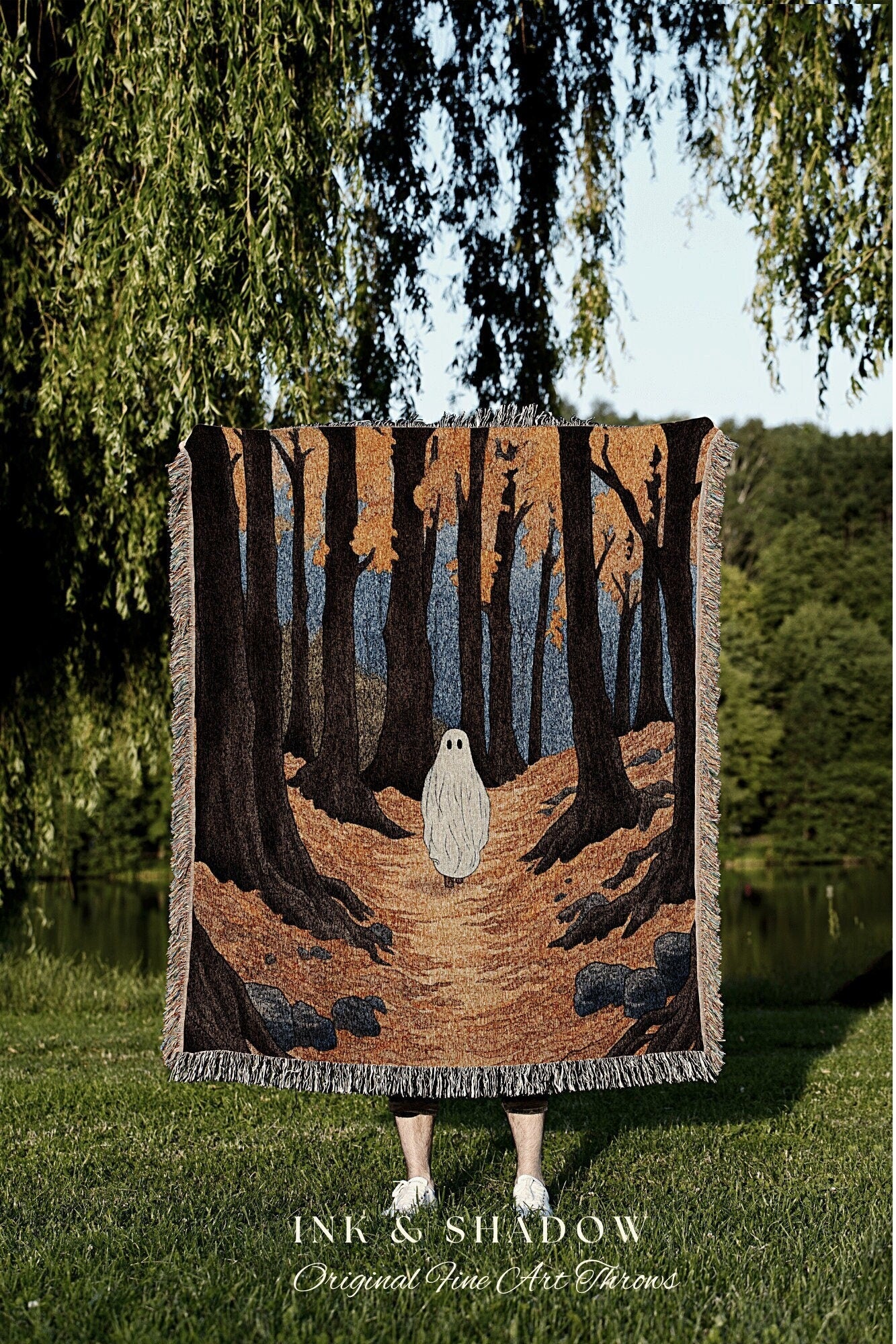 Autumn Ghost Tapestry Halloween Spooky Cute Blanket Woven | Spooky Cute Decor Vintage Halloween Art Tapestry Dark Cottagecore Decor Gothic |