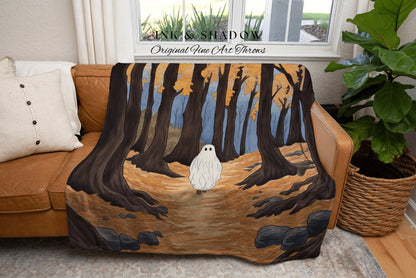 Autumn Ghost Tapestry Halloween Spooky Cute Blanket Woven | Spooky Cute Decor Vintage Halloween Art Tapestry Dark Cottagecore Decor Gothic |