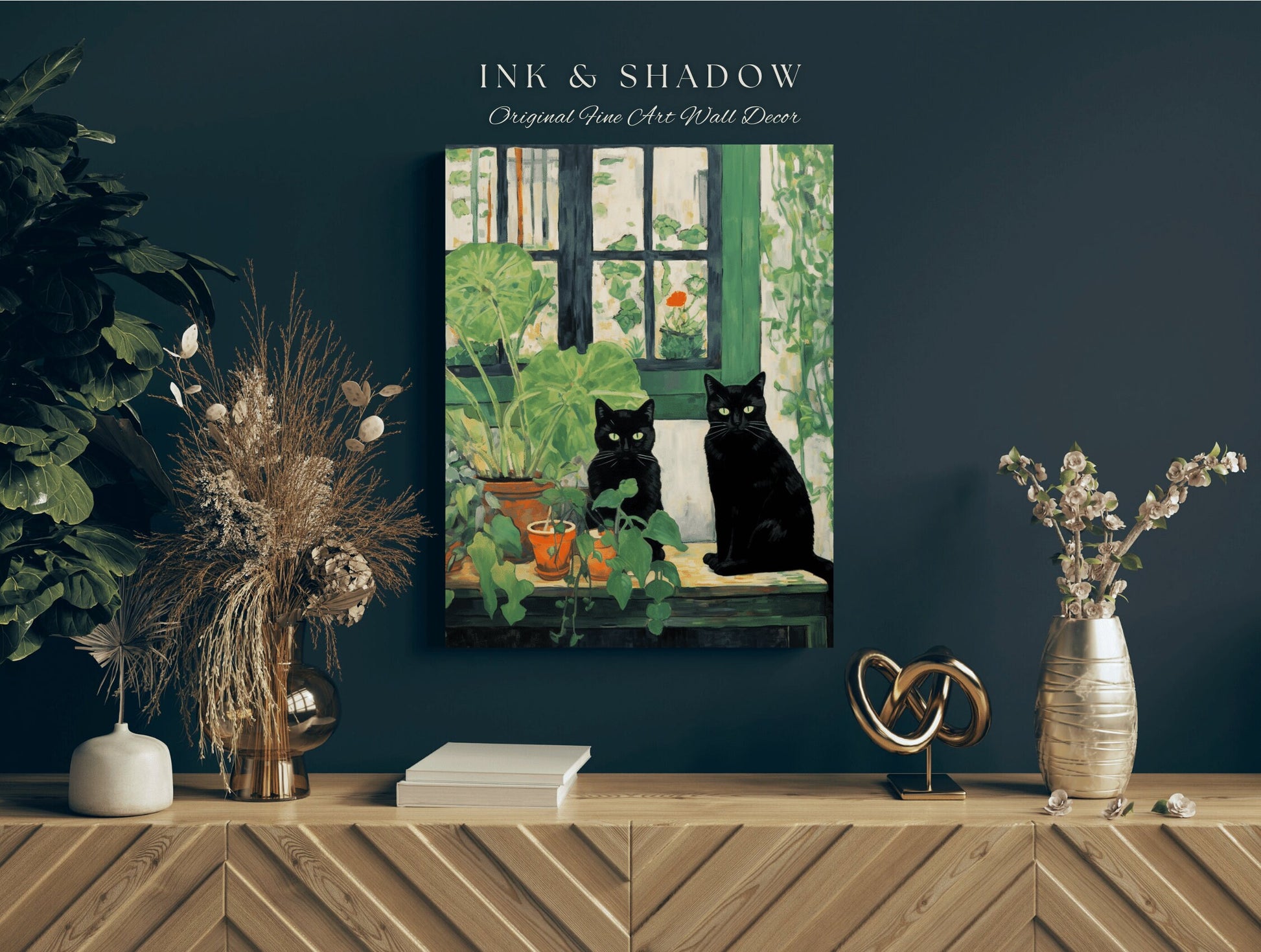 Botanical Poster Print Goth Bedroom Decor Black Cat Art | Tapestry Cat Poster Printable Wall Decor Whimsical Bedroom Wall Art Cat Painting |