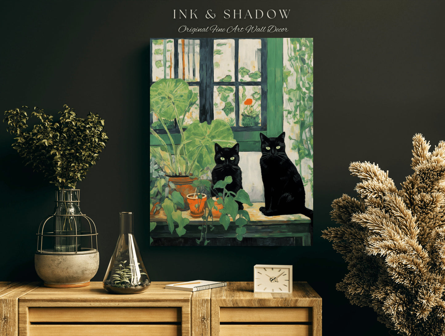 Botanical Poster Print Goth Bedroom Decor Black Cat Art | Tapestry Cat Poster Printable Wall Decor Whimsical Bedroom Wall Art Cat Painting |