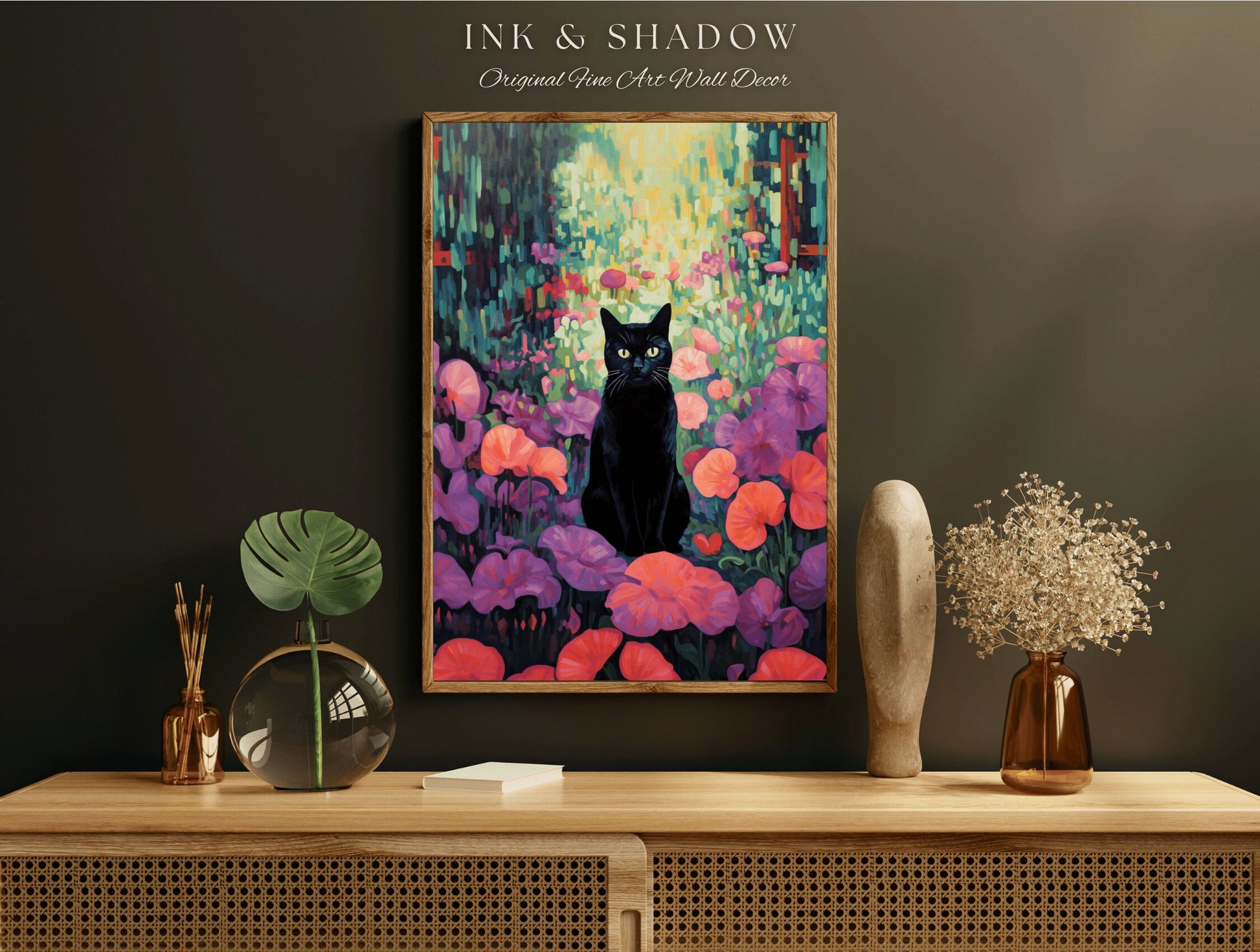 Whimsigoth Wall Art Cat Painting Poster Pink Bedroom Decor Black Cat | Tapestry Whimsical Art Poster Cat Wall Decor Eclectic Art Tapestry |