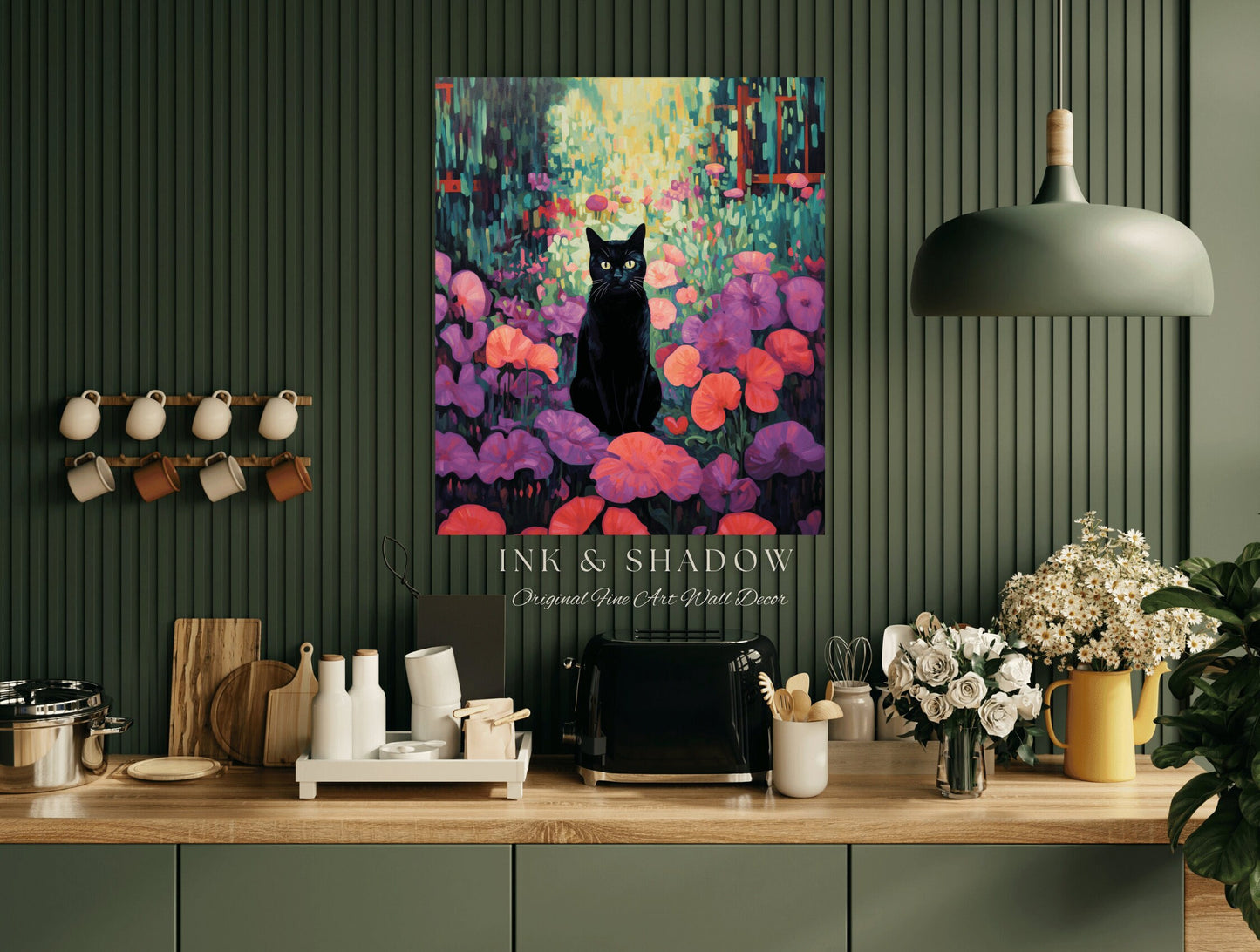 Whimsigoth Wall Art Cat Painting Poster Pink Bedroom Decor Black Cat | Tapestry Whimsical Art Poster Cat Wall Decor Eclectic Art Tapestry |