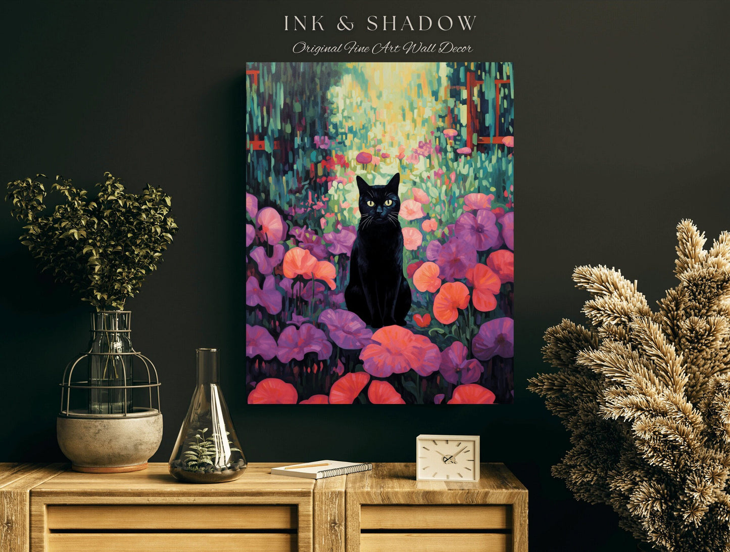 Whimsigoth Wall Art Cat Painting Poster Pink Bedroom Decor Black Cat | Tapestry Whimsical Art Poster Cat Wall Decor Eclectic Art Tapestry |