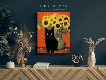 Sunflower Cat Poster Vincent Van Gogh Poster Black Cat Art | Funny Tapestry Van Gogh Painting Famous Art Poster Black Cat Wall Decor Bedroom