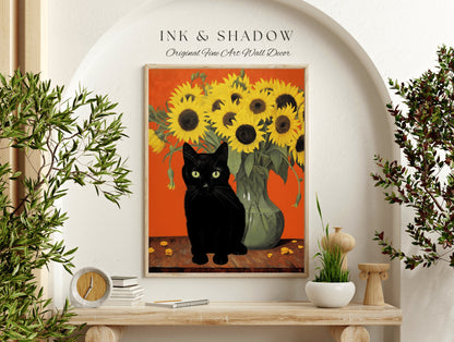 Sunflower Cat Poster Vincent Van Gogh Poster Black Cat Art | Funny Tapestry Van Gogh Painting Famous Art Poster Black Cat Wall Decor Bedroom