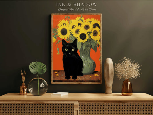 Sunflower Cat Poster Vincent Van Gogh Poster Black Cat Art | Funny Tapestry Van Gogh Painting Famous Art Poster Black Cat Wall Decor Bedroom