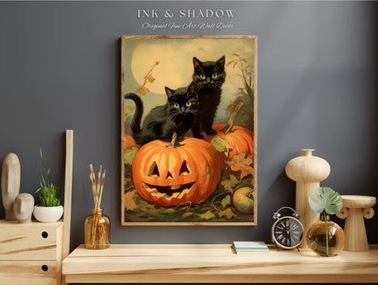 Halloween Cute Poster Print Goth Bedroom Decor Black Cat Art | Pumpkin Tapestry Black Cat Poster Printable Wall Decor Whimsical Bedroom Art