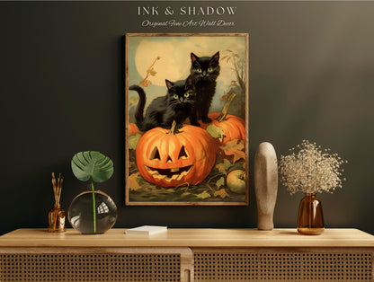 Halloween Cute Poster Print Goth Bedroom Decor Black Cat Art | Pumpkin Tapestry Black Cat Poster Printable Wall Decor Whimsical Bedroom Art