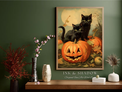 Halloween Cute Poster Print Goth Bedroom Decor Black Cat Art | Pumpkin Tapestry Black Cat Poster Printable Wall Decor Whimsical Bedroom Art