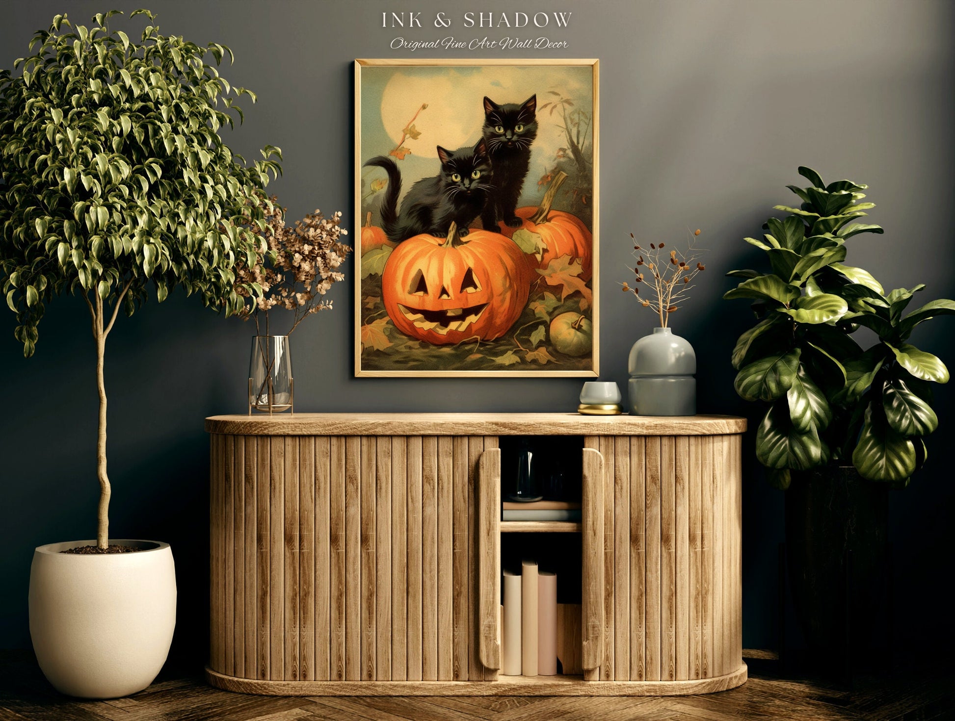 Halloween Cute Poster Print Goth Bedroom Decor Black Cat Art | Pumpkin Tapestry Black Cat Poster Printable Wall Decor Whimsical Bedroom Art