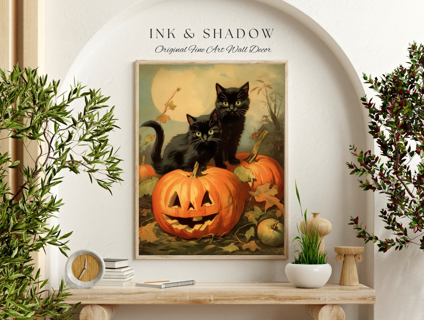 Halloween Cute Poster Print Goth Bedroom Decor Black Cat Art | Pumpkin Tapestry Black Cat Poster Printable Wall Decor Whimsical Bedroom Art