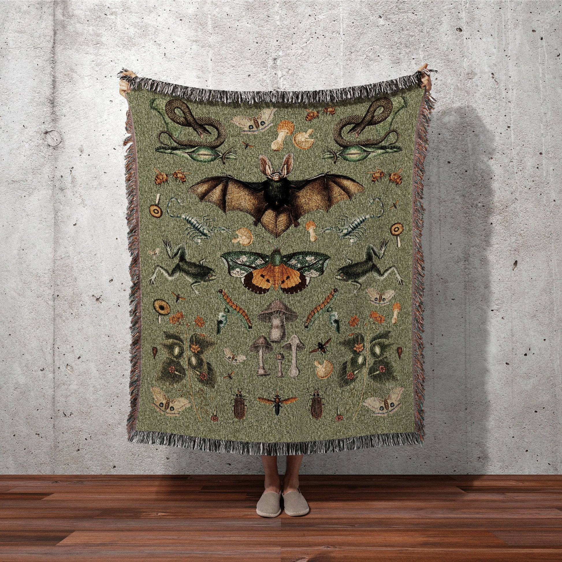 Sage Green Blanket Goblincore Decor Goth Tapestry | Whimsigoth Decor Witchy Decor Aesthetic Gothic Blanket | Dark Cottagecore Woven Blanket