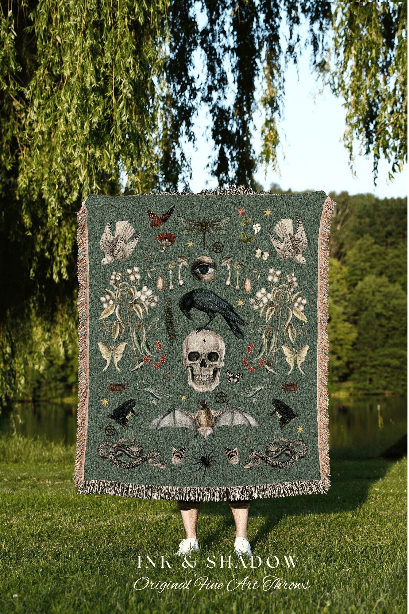 Crowcore Gothic Tapestry Whimsigoth Decor | Witchy Decor Bedroom Gothic Blanket | Sage Green Throw Blanket Woven Goth Tapestry Crow Core |