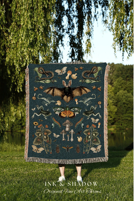 Dark Cottagecore Decor Gothic Tapestry | Goblincore Decor Goth Tapestry Teal Blanket Throw | Witchy Decor Bedroom Goth Blanket Woven Throw