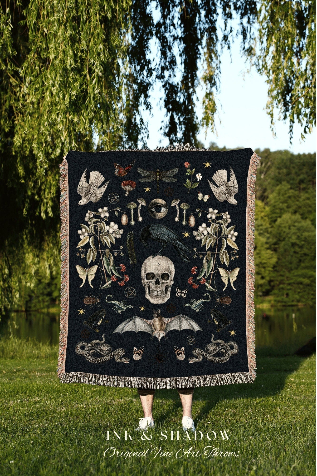 Goth Raven Painting Woven Blanket Dark Gothic | Crow Skull Throw Blanket Gothic Tapestry | Witchy Wall Decor Gothic Tapestry Crowcore Decor