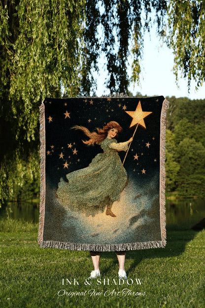 Retro Fairy Blanket Woven Tapestry Vintage | Fairy Aesthetic Celestial Wall Art | Cottagecore Decor Halloween Vintage Tapestry Woven Blanket