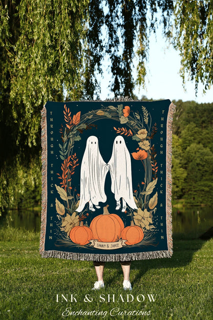 Ghost Couple Blanket 'Through Thick and Thin' Personalized Wedding Blanket Halloween Tapestry | Custom Anniversary Blanket Ghost Gifts