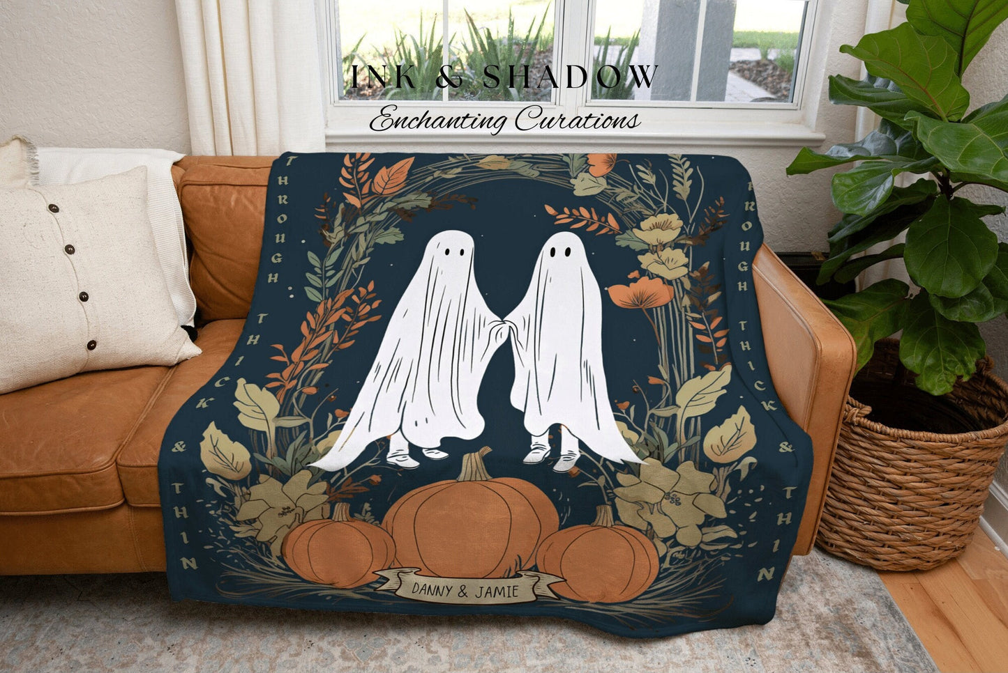 Ghost Couple Blanket 'Through Thick and Thin' Personalized Wedding Blanket Halloween Tapestry | Custom Anniversary Blanket Ghost Gifts