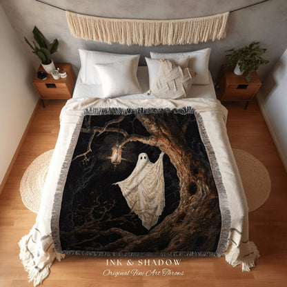 Spooky Ghost Tapestry Vintage Blanket | Fall Aesthetic Vintage Ghost Art Woven Tapestry Halloween Decor Dark Academia Decor Ghost Blanket |