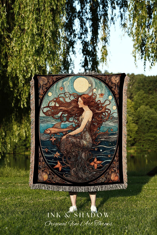 Art Nouveau Tarot Mermaid Tapestry Mermaidcore Wall Art Siren Celestial Decor Throw Blanket Woven | Mermaid Aesthetic Sea Witch Tapestry |