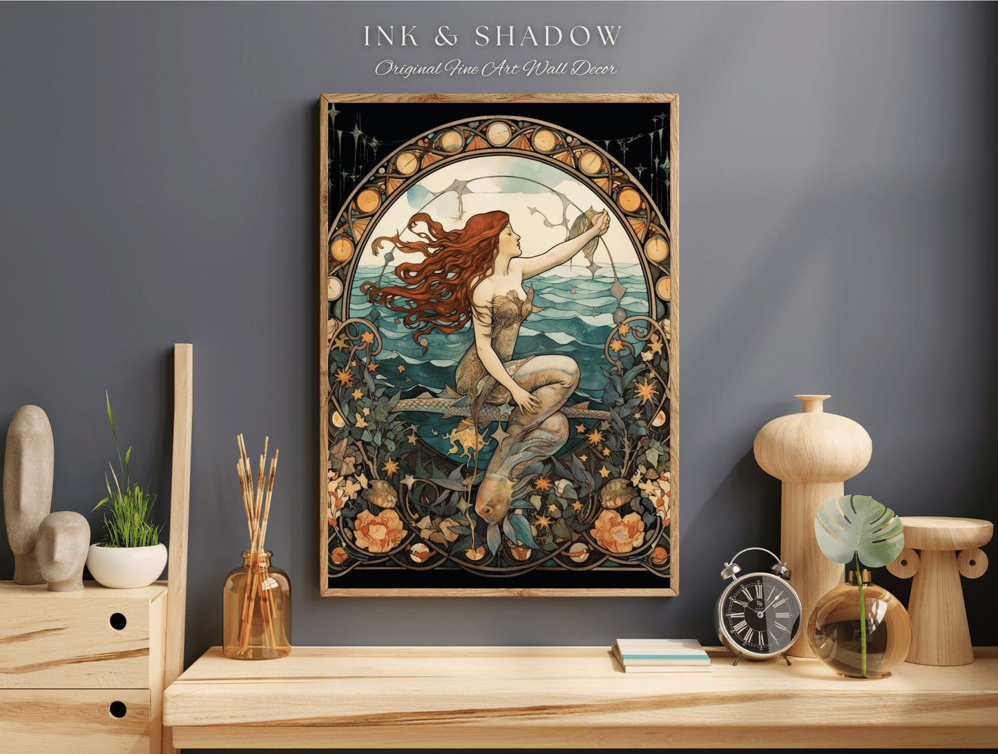 Art Nouveau Mermaid Wall Art Mermaidcore Room Decor | Siren Celestial Decor Printable Wall Art Vintage Mermaid Aesthetic Sea Witch Tapestry