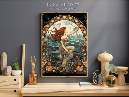 Art Nouveau Mermaid Wall Art Mermaidcore Room Decor | Siren Celestial Decor Printable Wall Art Vintage Mermaid Aesthetic Sea Witch Tapestry