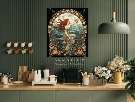 Art Nouveau Mermaid Wall Art Mermaidcore Room Decor | Siren Celestial Decor Printable Wall Art Vintage Mermaid Aesthetic Sea Witch Tapestry