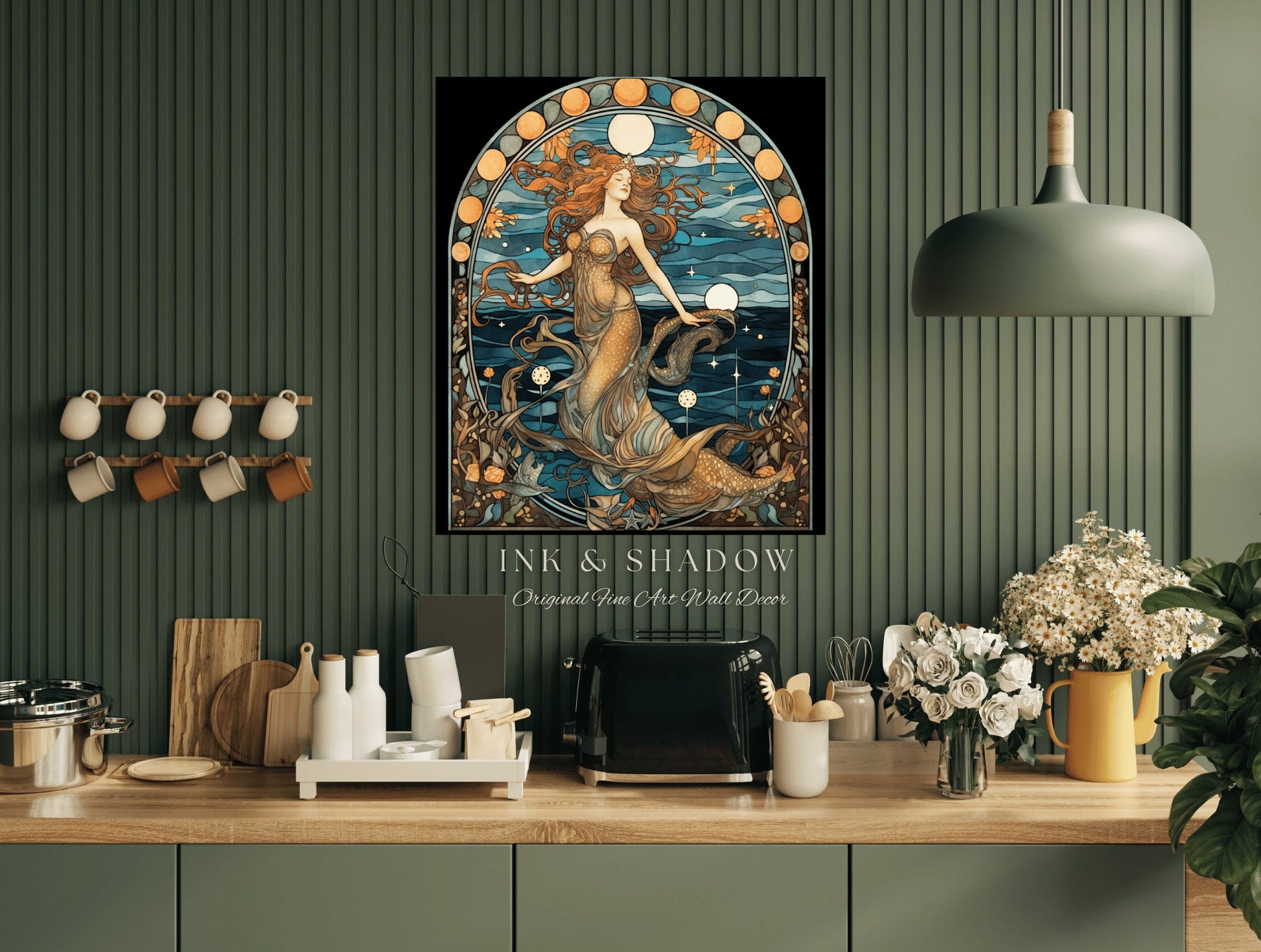 Vintage Mermaid Wall Art Nouveau Room Decor | Siren Celestial Decor Printable Wall Art Vintage Mermaid Aesthetic Sea Witch Tapestry Dorm Art