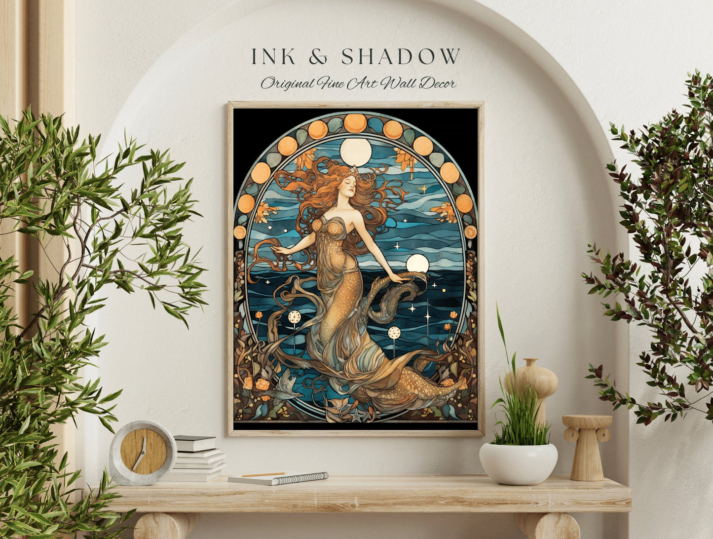 Vintage Mermaid Wall Art Nouveau Room Decor | Siren Celestial Decor Printable Wall Art Vintage Mermaid Aesthetic Sea Witch Tapestry Dorm Art