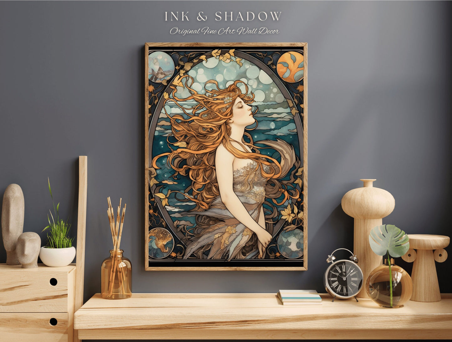 Sea Witch Wall Art Nouveau Room Decor Vintage | Siren Celestial Decor Printable Wall Art Vintage Mermaid Aesthetic Sea Witch Tapestry Dorm |