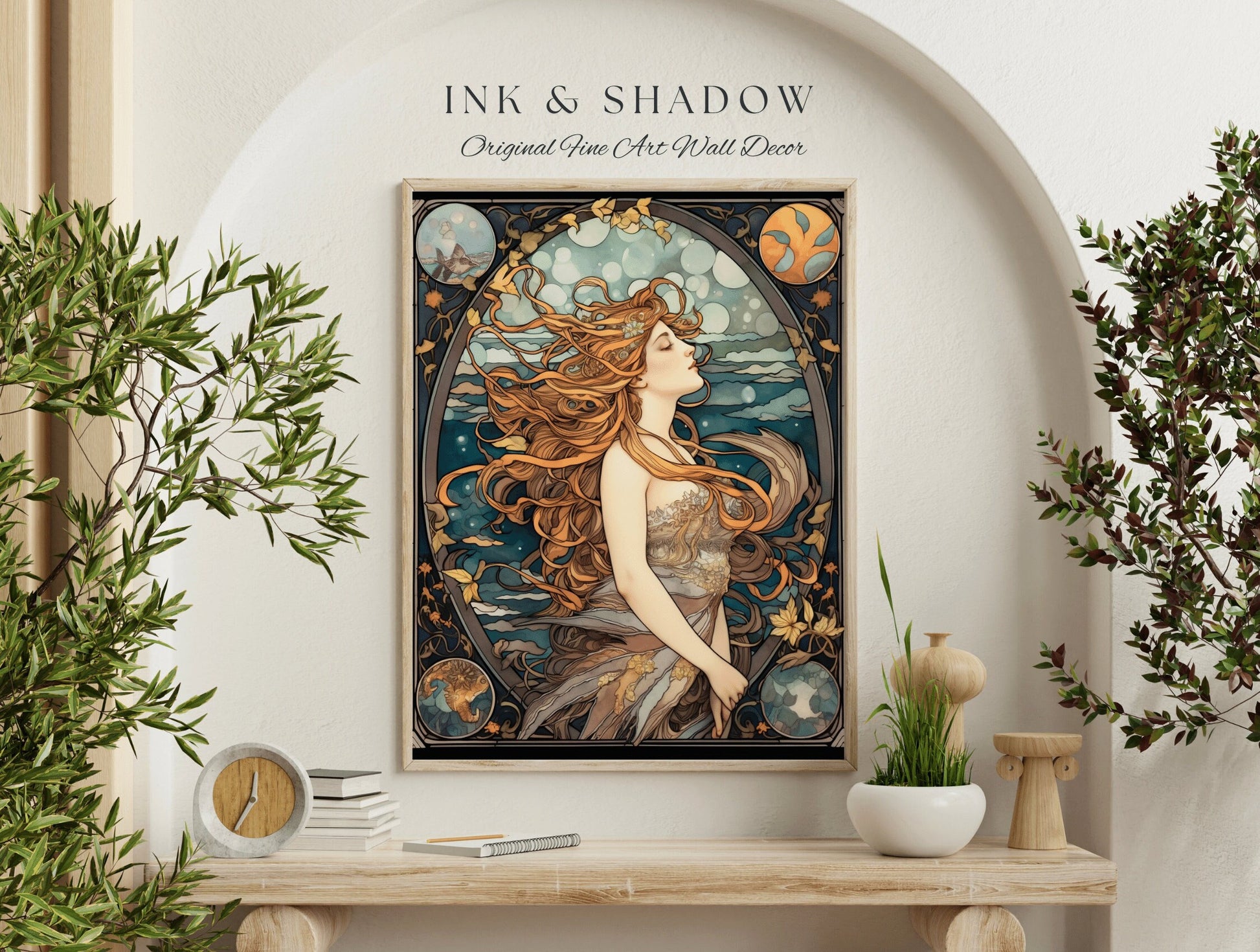 Sea Witch Wall Art Nouveau Room Decor Vintage | Siren Celestial Decor Printable Wall Art Vintage Mermaid Aesthetic Sea Witch Tapestry Dorm |