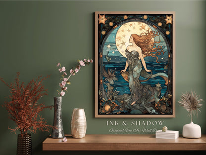 Celestial Mermaid Art Nouveau Room Decor Vintage Mermaid | Siren Celestial Decor Printable Wall Art Vintage Mermaid Aesthetic Dorm Tapestry