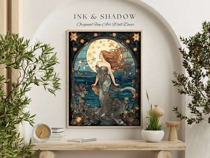 Celestial Mermaid Art Nouveau Room Decor Vintage Mermaid | Siren Celestial Decor Printable Wall Art Vintage Mermaid Aesthetic Dorm Tapestry