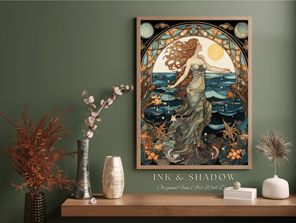 Ethereal Mermaid Art Nouveau Room Decor Vintage Art Print | Siren Celestial Decor Printable Wall Art Vintage Mermaid Aesthetic Dorm Tapestry