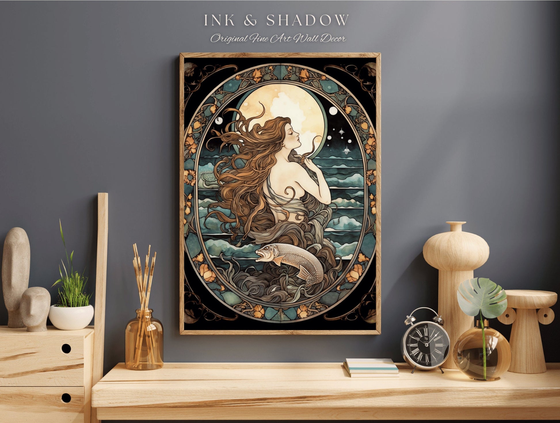 Witchy Mermaid Art Nouveau Room Decor Vintage Art Print | Siren Celestial Decor Printable Wall Art Vintage Mermaid Aesthetic Dorm Tapestry