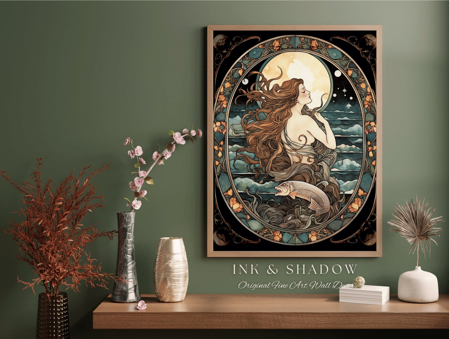 Witchy Mermaid Art Nouveau Room Decor Vintage Art Print | Siren Celestial Decor Printable Wall Art Vintage Mermaid Aesthetic Dorm Tapestry