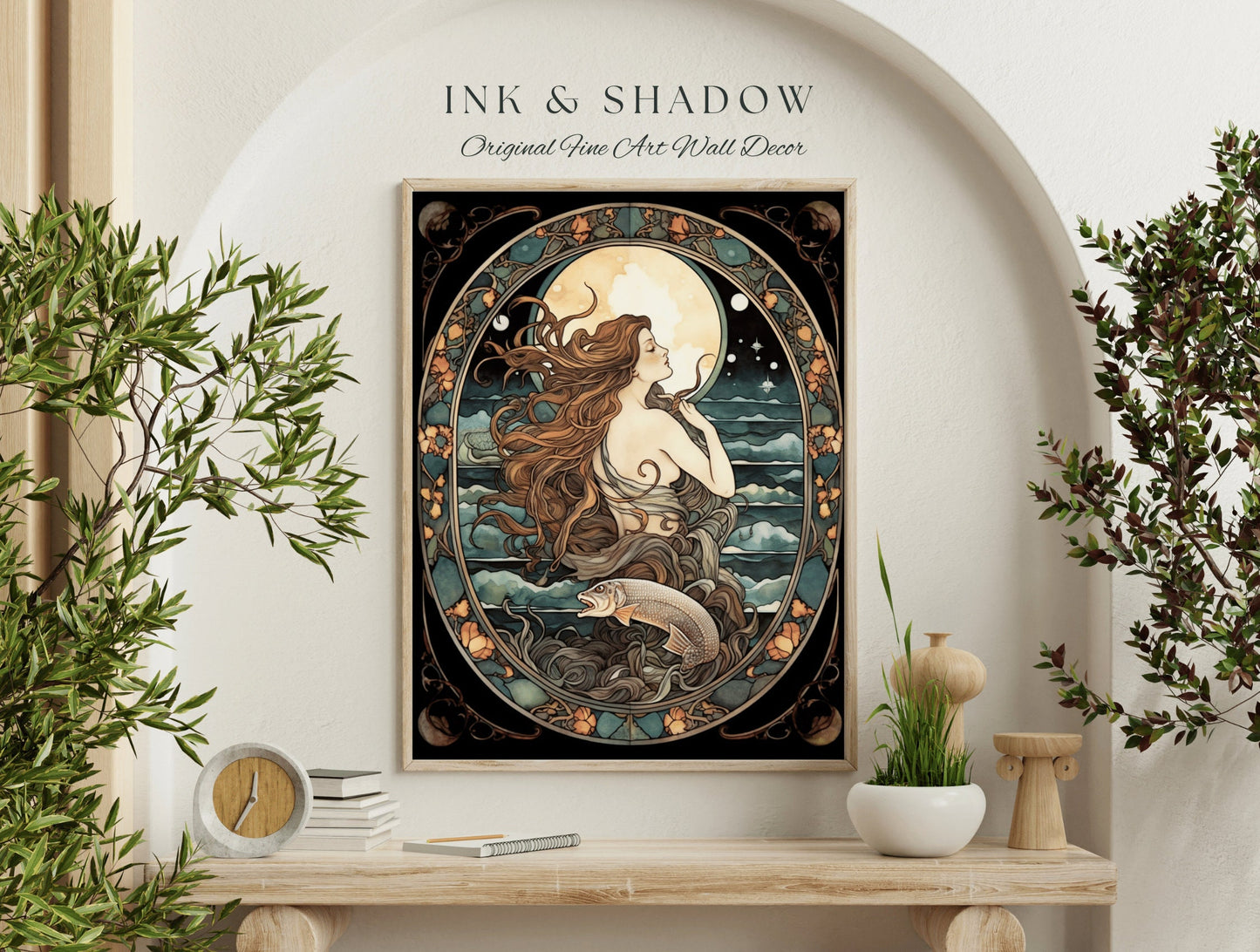 Witchy Mermaid Art Nouveau Room Decor Vintage Art Print | Siren Celestial Decor Printable Wall Art Vintage Mermaid Aesthetic Dorm Tapestry