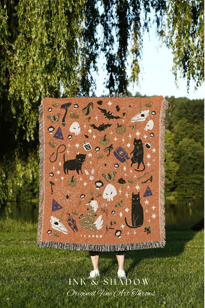 Cute Halloween Throw Blanket Woven Halloween Tapestry | Black Cat Art Celestial Witch Goth Blanket | Spooky Aesthetic Halloween Blanket |