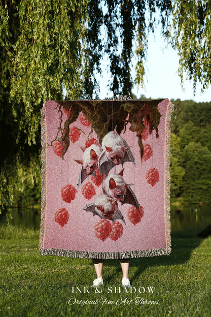 Berry Pink Bat Blanket Woven Throw Dark Cottagecore Decor | Goth Tapestry Vintage Fruit Bat Painting Dark Botanical Woven Wall Art Whimsical