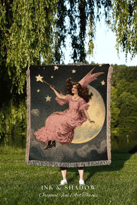 Witchy Tapestry Woven Wall Art Celestial Decor Throw Blanket Vintage | Retro Halloween Decor Fairycore Art Midcentury Antique Halloween Art