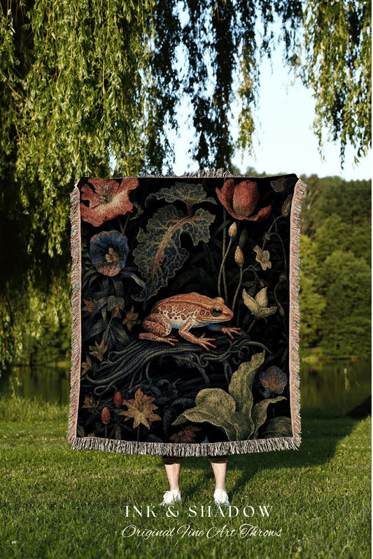 Vintage Frog Tapestry Whimsigoth Decor Cottagecore Frog Blanket | Gothic Tapestry Goblincore Decor Woven Throw Blanket Frog Lover Gift |