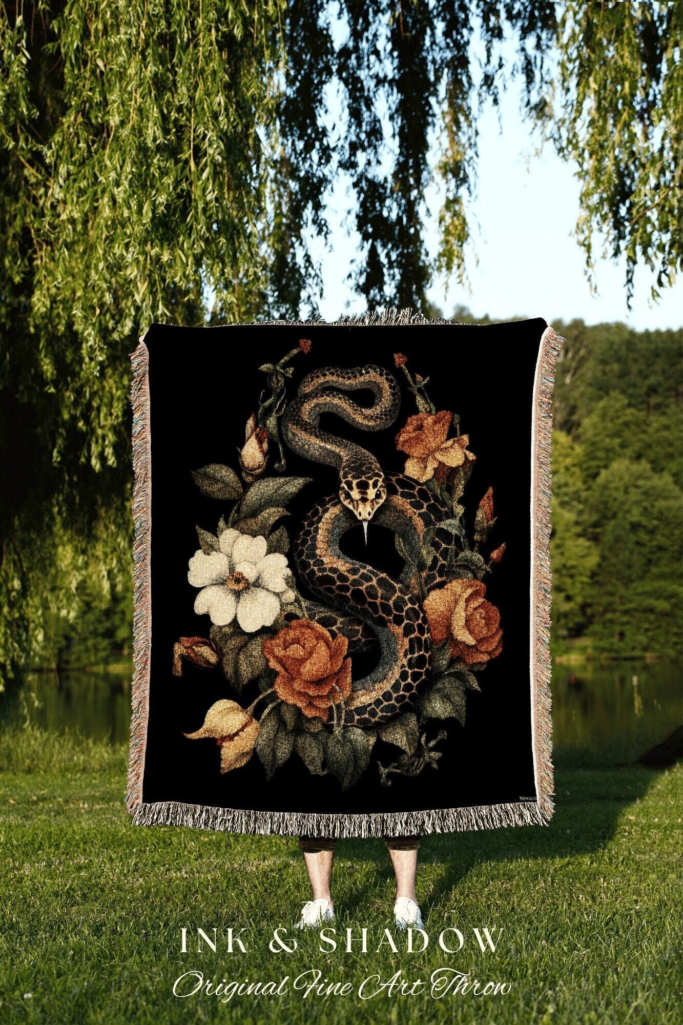 Snake Decor Desert Rose Tapestry Woven | Dark Academia Aesthetic Occult Decor Blanket Woven | Serpent Art Tapestry Gothic Room Decor Macabre