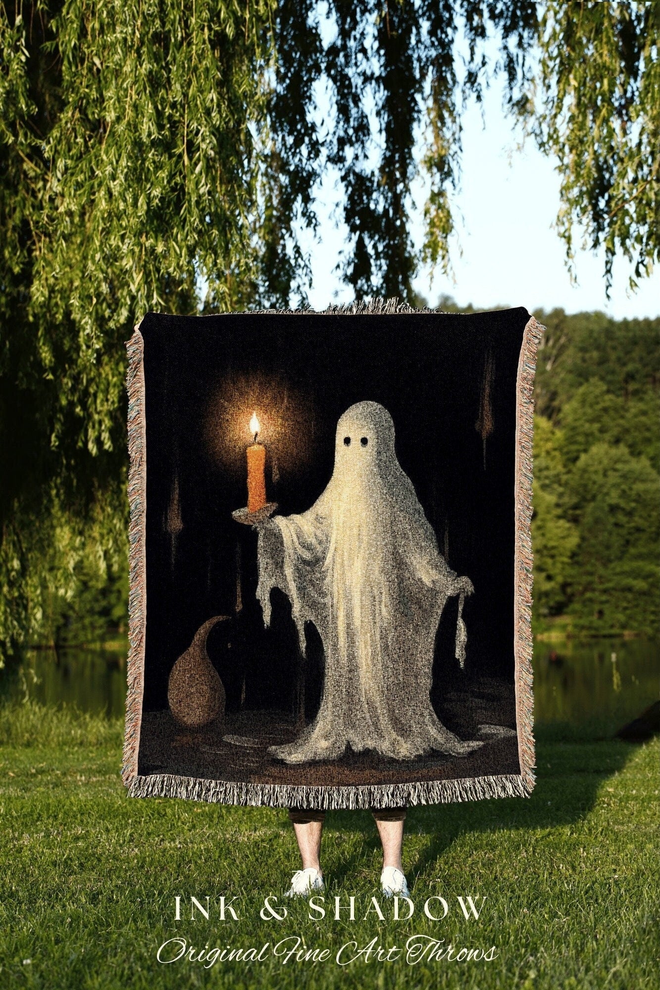 Ghost Holding A Candle | Vintage Halloween Decor Woven Wall Art Ghost Blanket | Spooky Vibes Ghost Art Original Haunted Ghost Goth Tapestry