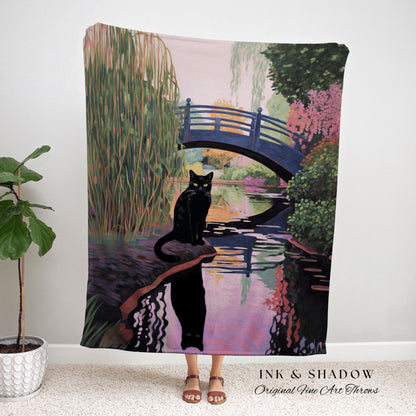 Black Cat Tapestry Landscape Blanket Woven Art Claude Monet Bridge Over a Pond of Water Lilies | Black Cat Art Tapestry Monet Inspired Art |