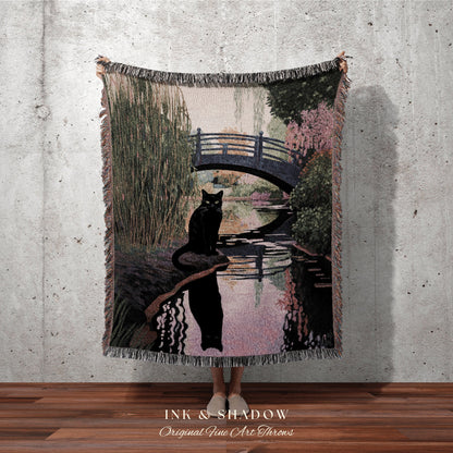 Black Cat Tapestry Landscape Blanket Woven Art Claude Monet Bridge Over a Pond of Water Lilies | Black Cat Art Tapestry Monet Inspired Art |