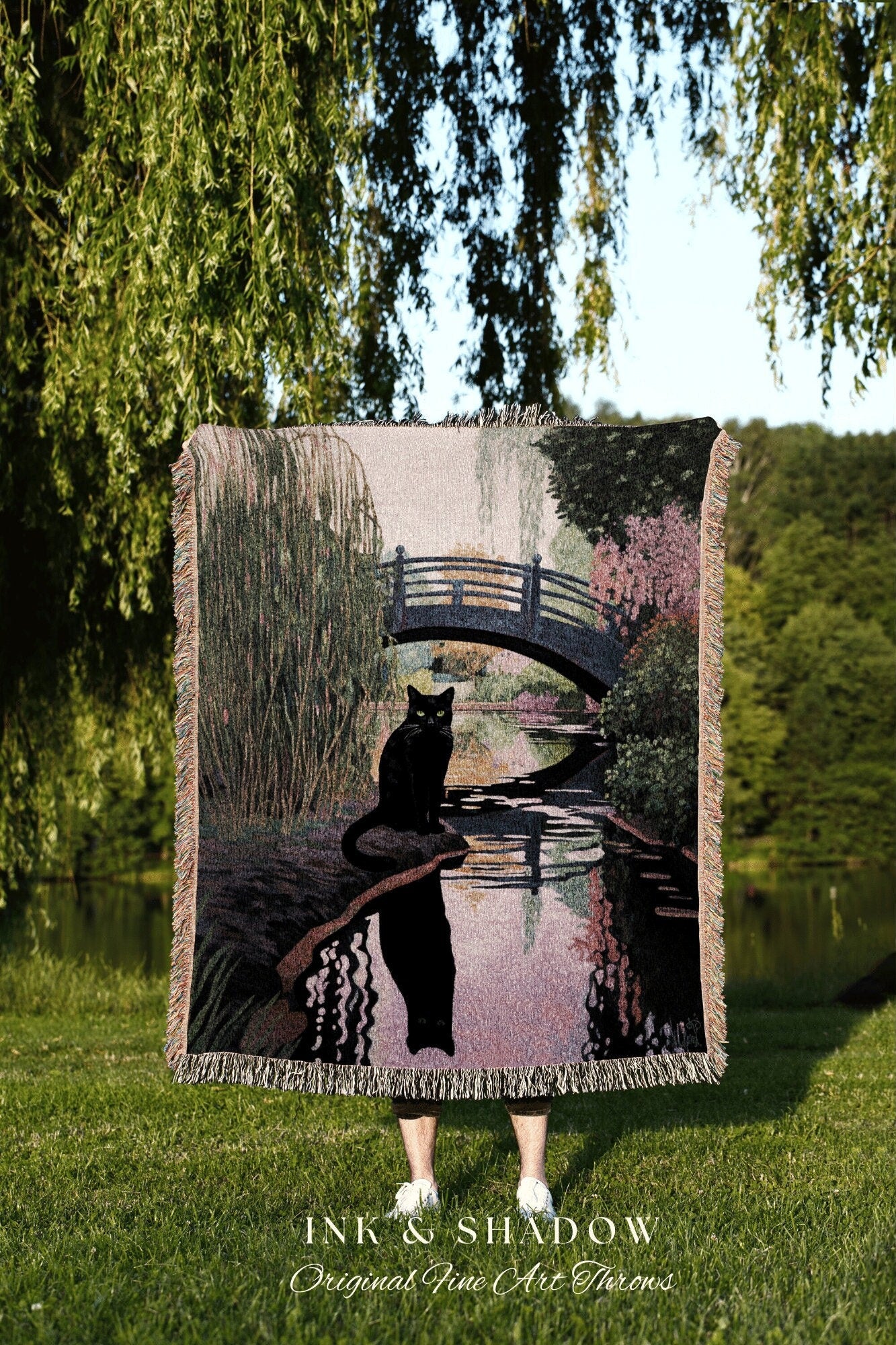 Black Cat Tapestry Landscape Blanket Woven Art Claude Monet Bridge Over a Pond of Water Lilies | Black Cat Art Tapestry Monet Inspired Art |