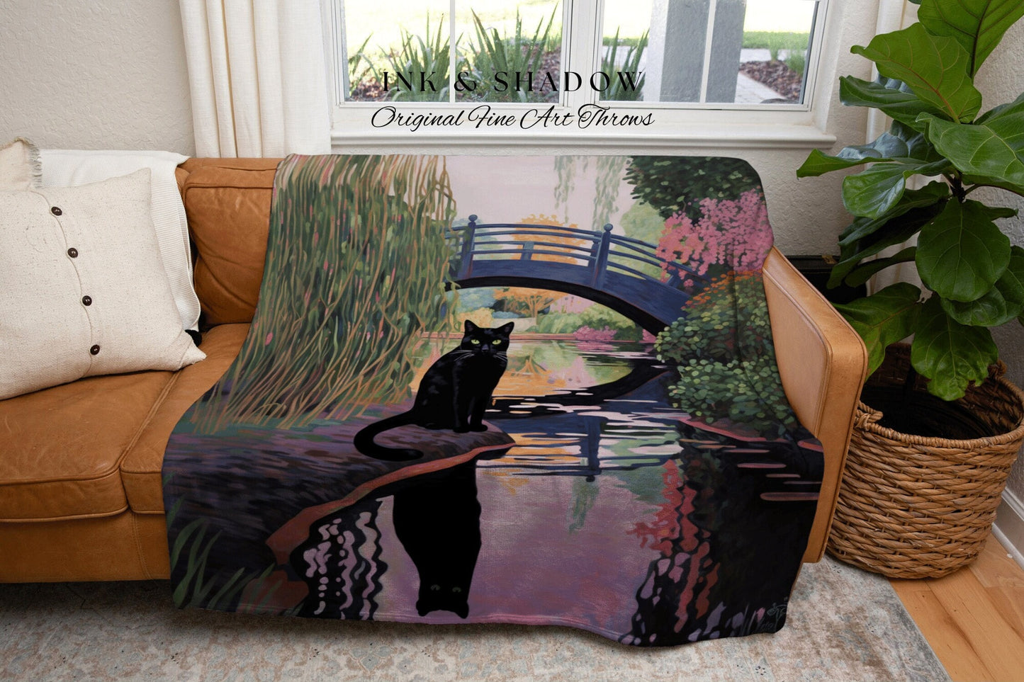 Black Cat Tapestry Landscape Blanket Woven Art Claude Monet Bridge Over a Pond of Water Lilies | Black Cat Art Tapestry Monet Inspired Art |