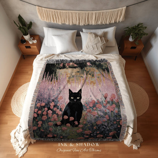 Pastel Pink Floral Tapestry Black Cat Art Halloween Decor Tapestry Black Cat Woven Blanket | Spooky Cat Halloween Decor Dark Cottagecore Art