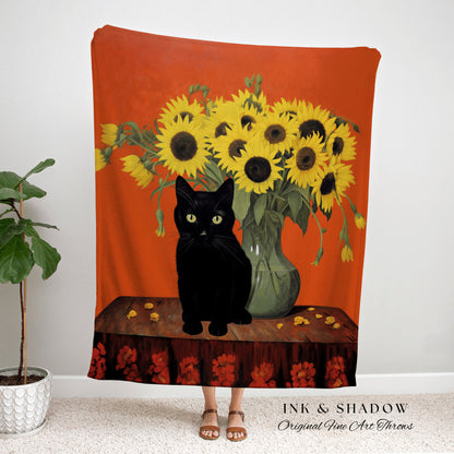 Vase of Sunflowers Painting Cat Tapestry Vincent Van Gogh Blanket Black Cat | Funny Tapestry Van Gogh Painting Famous Art Blanket Dorm Decor