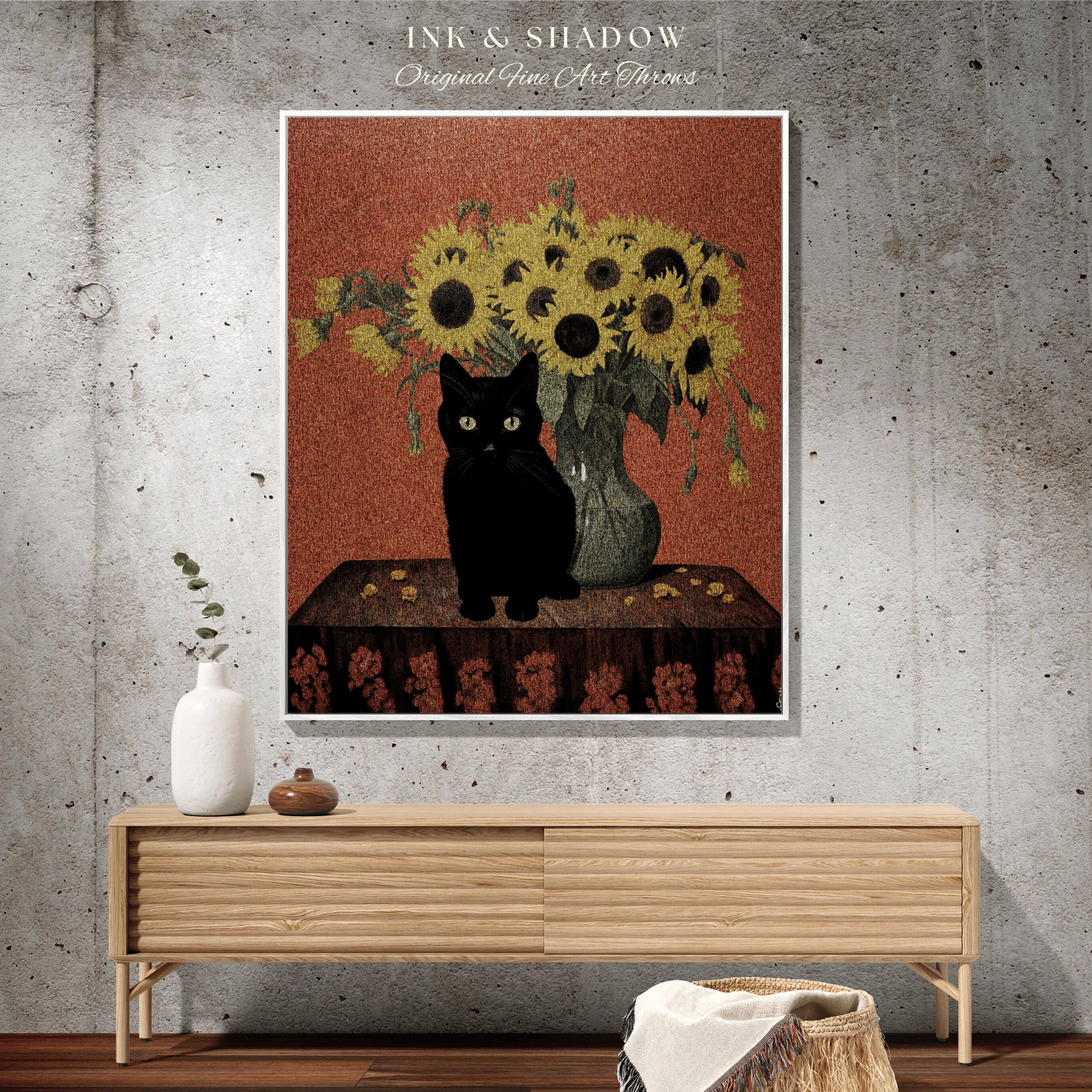 Vase of Sunflowers Painting Cat Tapestry Vincent Van Gogh Blanket Black Cat | Funny Tapestry Van Gogh Painting Famous Art Blanket Dorm Decor